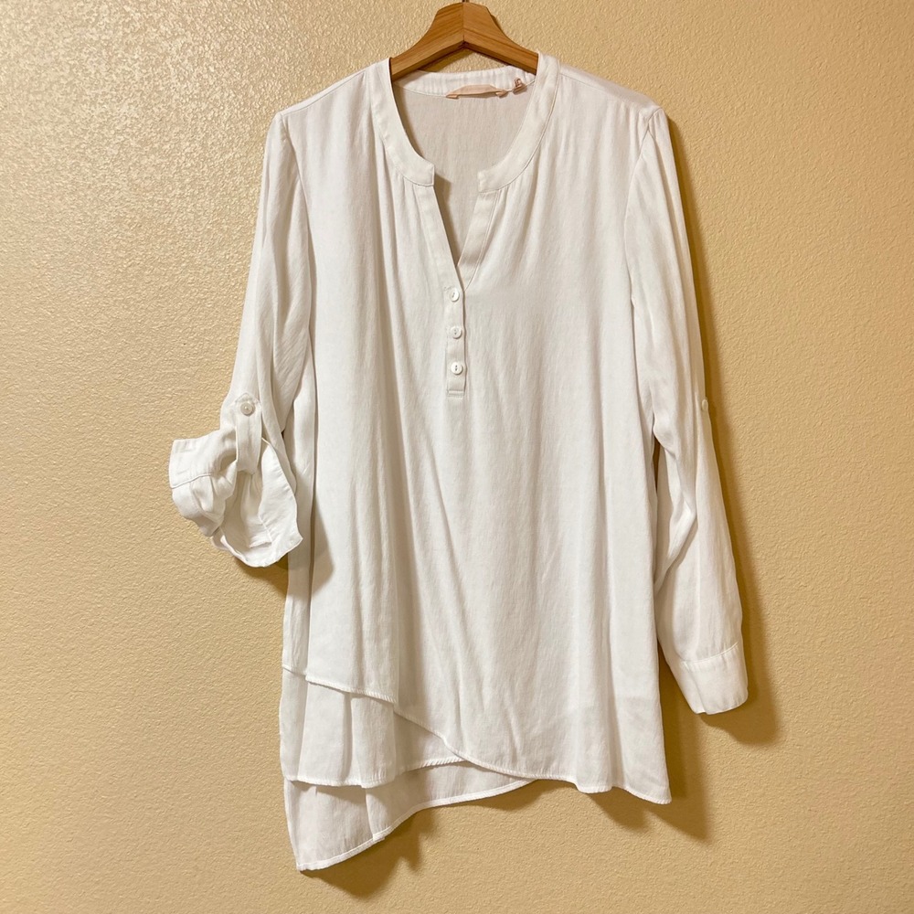 Soft Surroundings Size L Shirt White Layering Tunic Roll Tab Lagenlook Boho